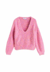 Rozā, pūkains adīts džemperis ar dziļu V veida kakla izgriezumu, garām piedurknēm un brīvu piegriezumu. Materiāls ir bagātināts ar krāsainām pleķiem visā virsmā.