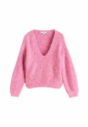 Różowy, puszysty sweter robiony na drutach z głębokim dekoltem w serek, długimi rękawami i luźnym krojem. Materiał ma kolorowe plamki w całej powierzchni.