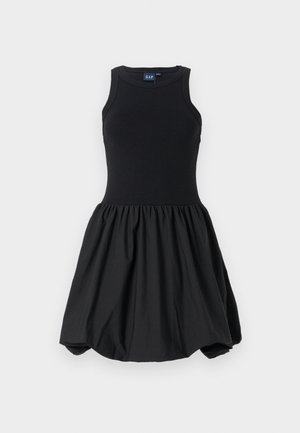 Black dress with a fitted tank top bodice and a voluminous, gathered skirt. Smooth texture, made from soft fabric with no visible patterns.