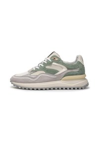 Hellgraue und grüne Sneaker aus Mesh und Wildleder, runde Form, Schnürverschluss vorne und strukturierte Außensohle für Grip.