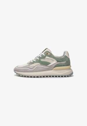 Light grey and green sneaker with mesh and suede materials, rounded shape, lace-up front, and textured outsole for grip.