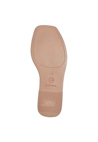Sole di scarpa beige con grip testurizzato, dotata di un logo impresso e numero di taglia. Materiale liscio, forma leggermente curvata.