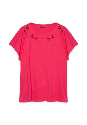 T-shirt di cotone rosa con maniche corte, caratterizzato da design di libellule ritagliate vicino al colletto e una vestibilità comoda.