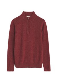 Sarkana ceturtdaļas rāvējslēdzēja džemperis ar ribotu apkakli un aprocēm, ar teksturētu adījuma rakstu un brīvu piegriezumu. Izgatavots no mīksta, siltuma saglabājoša materiāla.