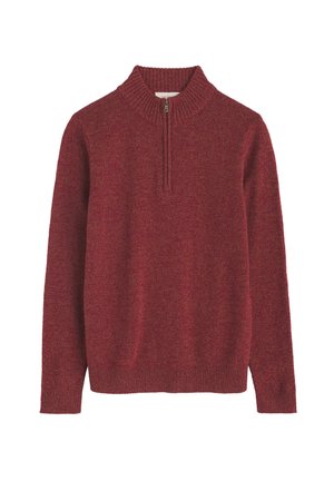 Rdeča pulover s četrtinskim zadrgo, z rebrastim ovratnikom in manžetami, z teksturiranim pletenim vzorcem in sproščenim krojem. Narejeno iz mehke, tople tkanine.
