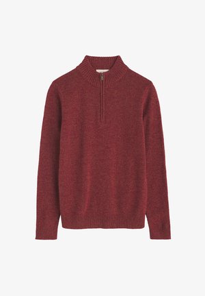 Rdeča pulover s četrtinskim zadrgo, z rebrastim ovratnikom in manžetami, z teksturiranim pletenim vzorcem in sproščenim krojem. Narejeno iz mehke, tople tkanine.