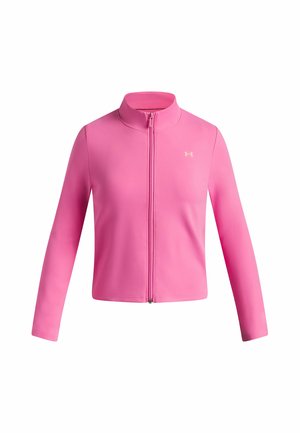 Pink long-sleeve zip-up jacket with a high collar and small Under Armour logo on the left chest.