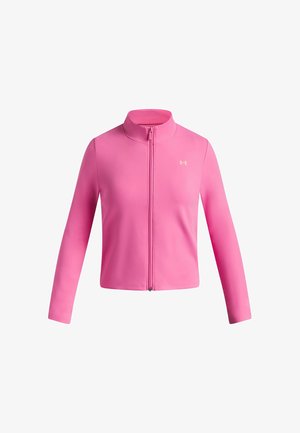 Roze lange mouwen jas met rits, hoge kraag en klein Under Armour-logo op de linkerborst.