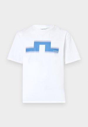 Biały bawełniany t-shirt z niebieskim wzorem graficznym z gradientowym cieniowaniem. Krótkie rękawy i klasyczny okrągły dekolt.