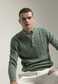 Suéter verde de punto trenzado con cuello acanalado y tapeta de tres botones. Luce un modelo con un fondo neutro, con pantalones blancos visibles.