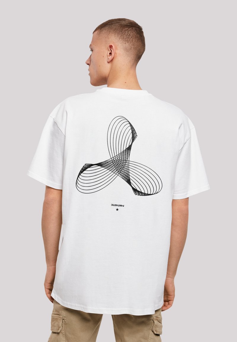 White cotton T-shirt featuring a large black abstract graphic design on the back, with a relaxed fit and short sleeves.