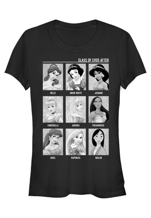 Black t-shirt featuring nine princess illustrations in grayscale, labeled with names, set on a light grey background. Text at the top reads "CLASS OF EVER AFTER."