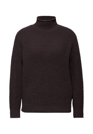 Mørkebrun strikket turtleneck sweater med et struktureret mønster, lange ærmer og ribbede manchetter og kant for et tætsiddende look.