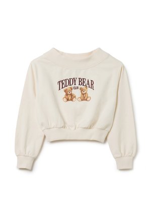 Sweatshirt court couleur crème avec un col rond, arborant un design imprimé de deux ours en peluche et le texte "TEDDY BEAR CLUB" en maroon.