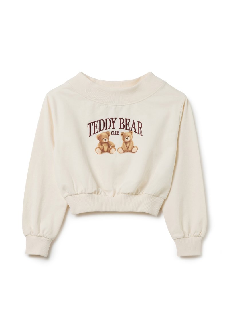 Felpa corta color crema con scollo rotondo, caratterizzata da una stampa di due orsetti di peluche e la scritta "TEDDY BEAR CLUB" in bordeaux.