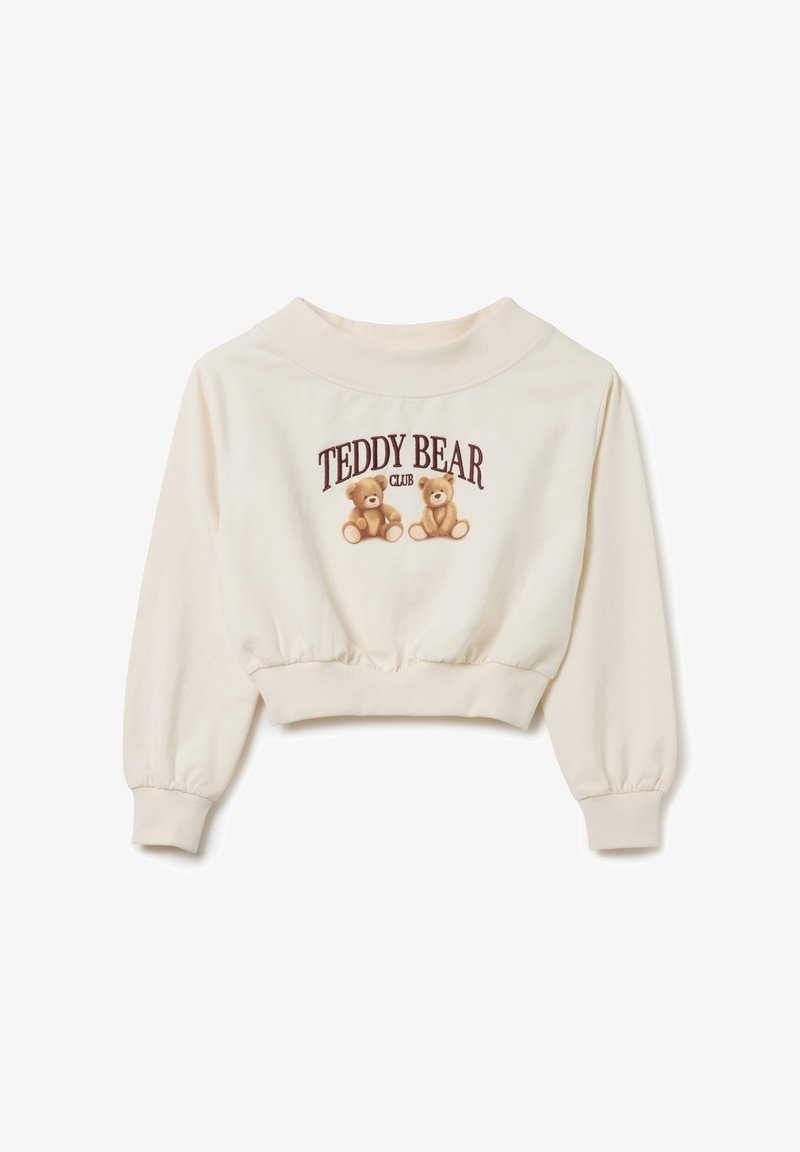 Sudadera corta color crema con cuello redondo, que presenta un diseño impreso de dos ositos de peluche y el texto "TEDDY BEAR CLUB" en color burdeos.