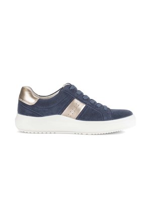 Navy blue suede sneaker with white sole, metallic gold heel and side accents, and navy laces, shown from the inner side.