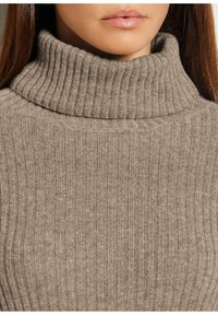 Rippstrick-Turtleneck-Pullover in einer sanften Taubfarbe, mit hohem Kragen und strukturiertem Strickmuster. Das Material sieht warm und bequem aus.