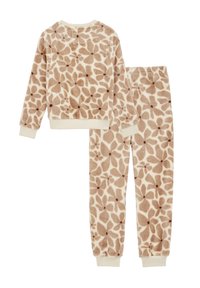 Beige színű fleece hálóruha szett sötét virágmintával. A felső része kerek nyakú és hosszú ujjú; a nadrág elasztikus szegéllyel rendelkezik a bokáknál.