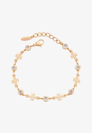 Kultaketju, jossa on teksturoituja ristikoita ja kirkasta kiveä, jotka on yhdistetty homaarilukolla ja säädettävällä ketjulla pituuden mukauttamiseksi.