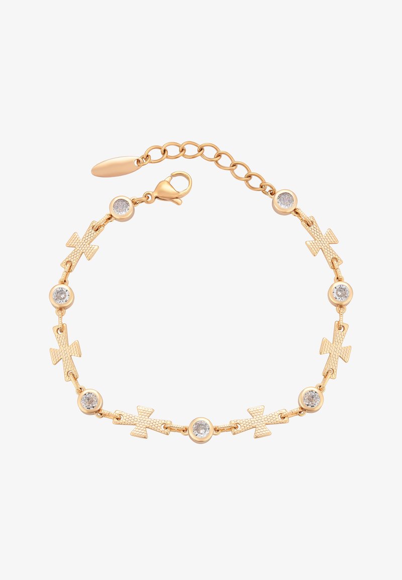 Arany karkötő, amely textúrázott kereszteket és átlátszó köveket tartalmaz, rájuk egy languszta csattal és állítható lánccal kapcsolódik, lehetővé téve a hosszúság testreszabását.