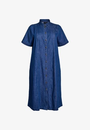 Jeansklänning med korta ärmar, knäppning, krage och sidofickor. Mörkblå färg med kontrasterande sömmar. Slät textur.