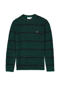 Groene gebreide trui met donkere horizontale strepen, geribbelde manchetten en onderkant, en een klein vierkant logo op de linkervoorzijde.