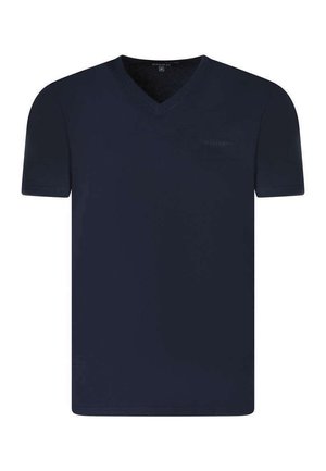T-shirt bleu marine à manches courtes et col en V avec coupe régulière et logo discret sur le côté gauche de la poitrine, taille moyenne.