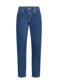 Jean en denim bleu avec une coupe droite, un design à cinq poches, des coutures discrètes et une fermeture à bouton à la taille.