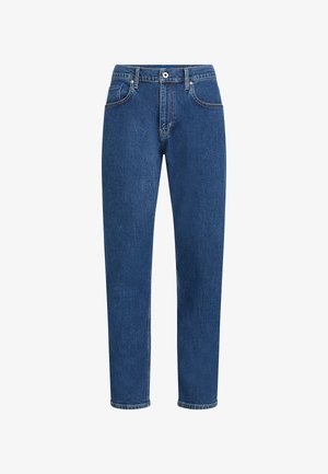 Sinised teksased, millel on sirge lõige, viie tasku disain, diskreetne õmblemine ja nupuga sulgemine vööl.