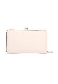 Portafoglio in pelle color crema con finitura testurizzata, chiusura a zip e dettagli in metallo dorato sulla parte superiore e laterale.