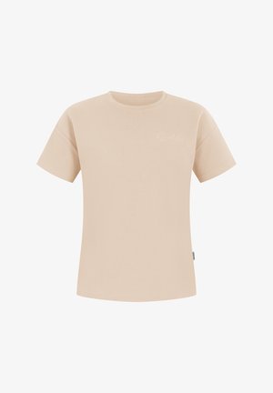 Beige cotton t-shirt with a round neck and short sleeves. Features a subtle logo on the upper left chest area.