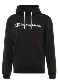 Felpa nera con tasca frontale, cappuccio regolabile con coulisse e logo "Champion" in bianco. Realizzata in tessuto morbido, presenta polsini e orlo a coste.