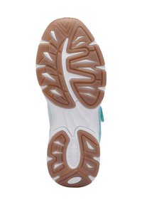 Hellblauer Boden eines Sportschuhs mit strukturiertem Gummimuster. Verfügt über eine weiße Zwischensohle und eine braune Profilsohle. Robustes und flexibles Design.