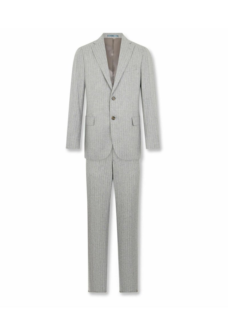 Completo grigio chiaro con motivo a righe, giacca a un petto con due bottoni e pantaloni abbinati con vestibilità sartoriale.