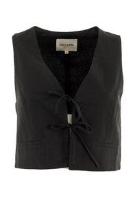 Chaleco de lino negro con escote en V, cierre delantero con lazo y dos pequeños bolsillos. Tejido texturizado con un diseño simple y sin mangas.