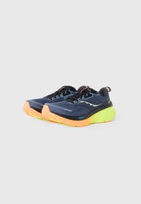 Blue running shoes with a textured upper, orange laces, and a layered sole in neon yellow and pink. Notable silver accents on the sides.