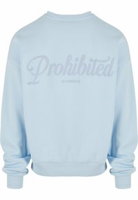 Helles blaues Sweatshirt mit gerippten Bündchen und Saum. Auf der Rückseite befindet sich großer, auffälliger Text: "Prohibited 10119 BERLIN" in einer kontrastierenden Farbe.