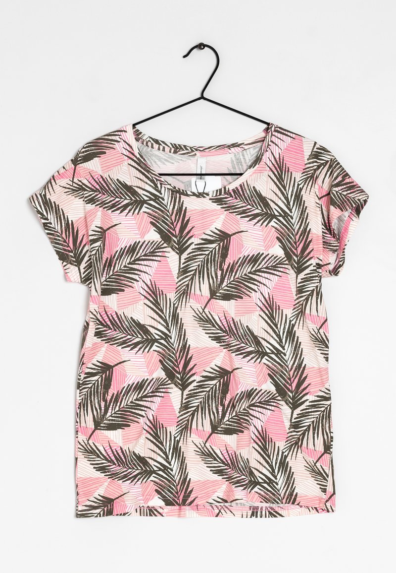 Tričko s krátkým rukávem vyrobené z měkké tkaniny, se vzorem v růžových a bílých geometrických tvarech a tmavě zelenými palmami. Kulatý výstřih, lehký design.