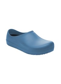 Babushe en caoutchouc bleu avec une finition lisse, un bout rond et un design à enfiler. Comprend une semelle texturée pour l'adhérence et un talon bas.