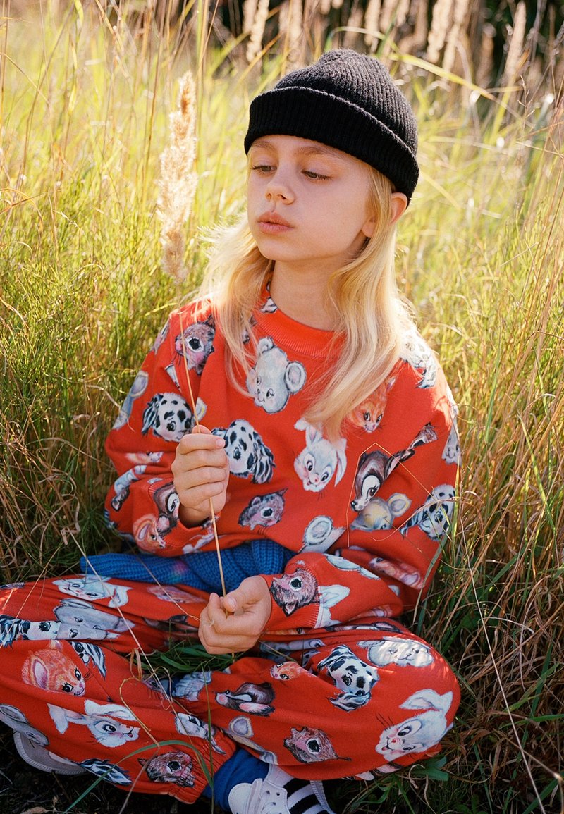 Rode sweatshirt en broek met dierengezichten, gemaakt van zacht materiaal. Accentuatie met een zwarte gebreide muts. Omringd door hoog gras.