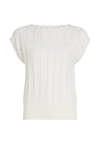 Biały, dziergany sweter z krótkim rękawem, z pionowym prążkowaniem i wzorami w kształcie diamentów. Dekolt z falbanką i wykończenie ściągaczem. Miękka tekstura.