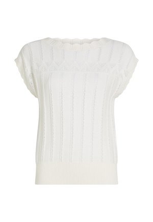 Witte gebreide trui met korte mouwen, verticale ribbels en ruitpatronen. De halslijn is gegolfd en de zoom is geribbeld. Zachte textuur.