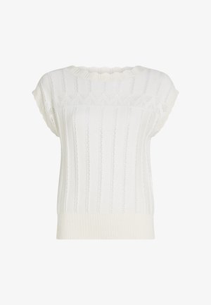 Biały, dziergany sweter z krótkim rękawem, z pionowym prążkowaniem i wzorami w kształcie diamentów. Dekolt z falbanką i wykończenie ściągaczem. Miękka tekstura.