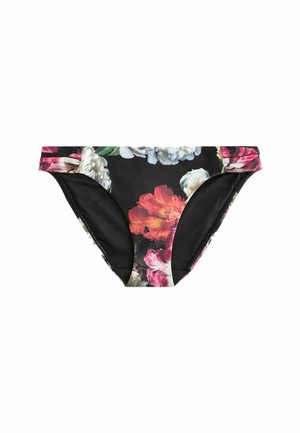 Bikini underdel med blommönster på svart bakgrund, som har livfulla blommor i nyanser av rosa, rött och vitt. Tillverkad av mjukt tyg.