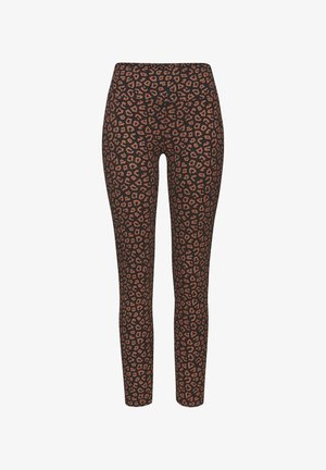Schwarze Leggings mit einem Leopardenmuster in Braun- und Rosttönen. Entworfen mit einer figurbetonten Silhouette und einer glatten Oberfläche.