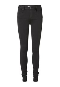 Jean skinny noir en denim extensible. Comprend des poches avant, une fermeture à bouton et une coupe ajustée avec des ouvertures au niveau des chevilles serrées.