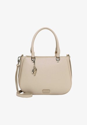 Beež värvi käekott, sileda tekstuuri, kõverate servadega, kahe käepidemega ja eemaldatava õlarihmaga. Märkimisväärne hõbedane riistvara ja võtmehoidja aksessuaarid.