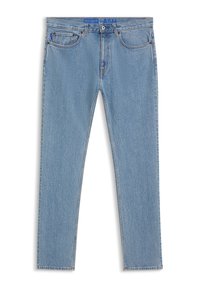 Hele sinine teksapüksid sirge lahendusega, viis taskut ja sinine vöötme silt. Kangas on sileda tekstuuriga ja minimaalsete pleekimistega.