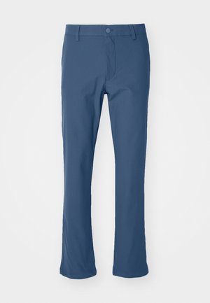 Pantaloni drepți, de culoare albastră, dintr-un material neted, cu închidere prin buton și fermoar. Dispune de buzunare laterale și un design curat, croit.